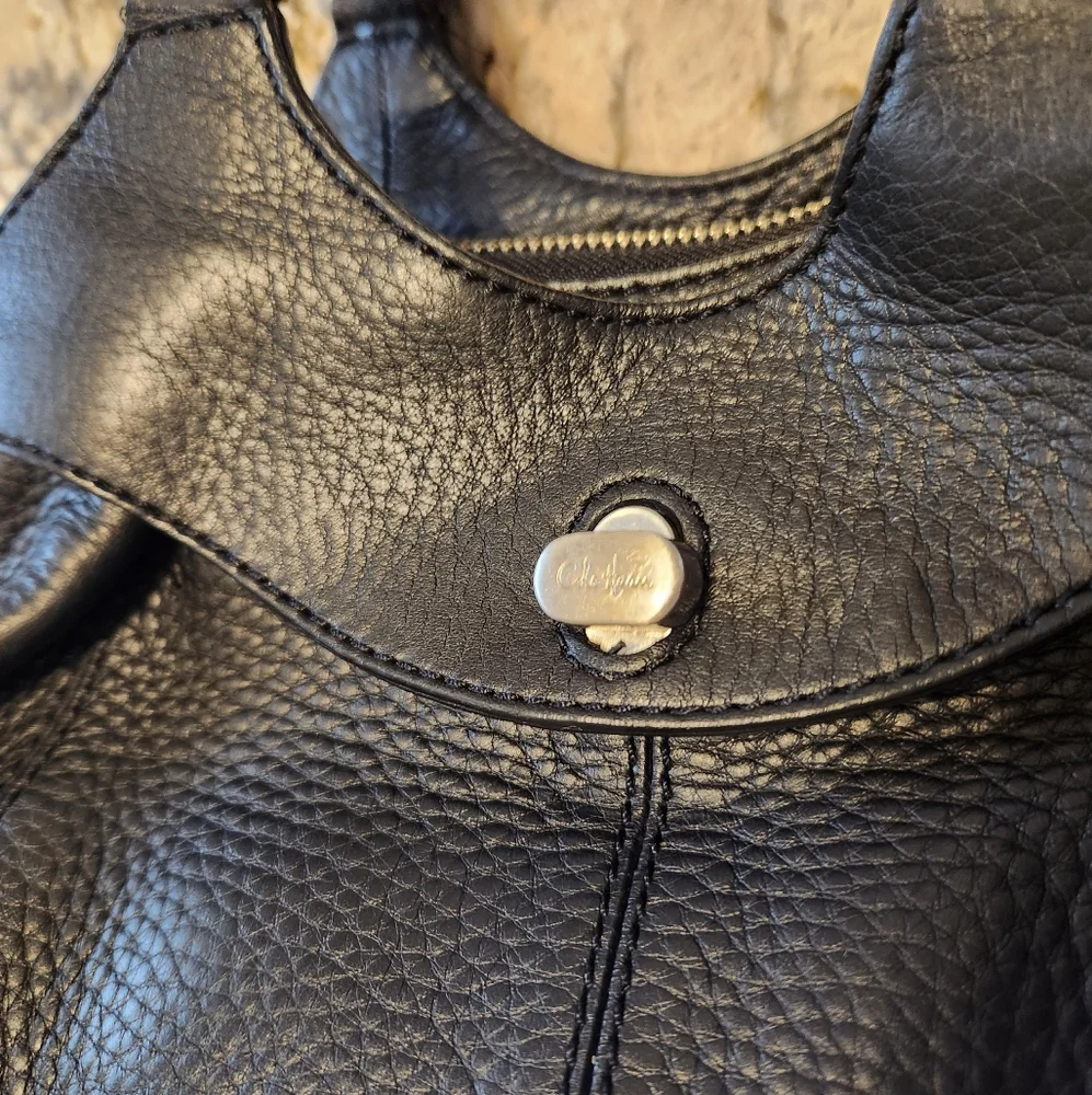 Cole Haan Purse, Turnlock Black Pebbled Leather Satchel Handbag, Gently Used
